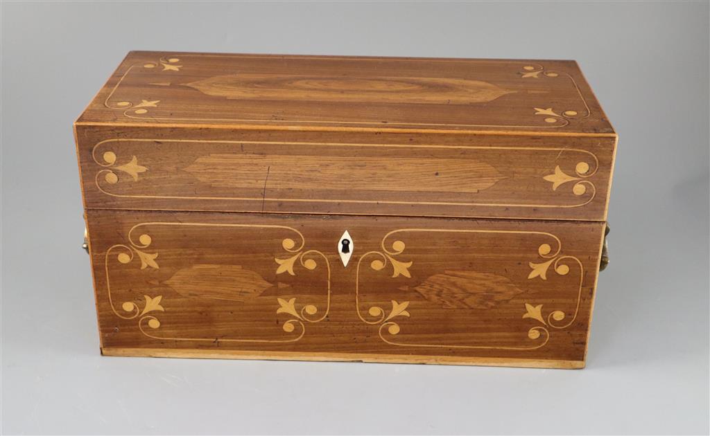 A Regency inlaid mahogany tea caddy, width 14.5in. height 7in.